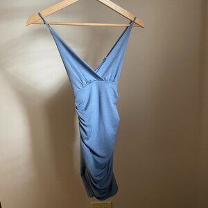 Lucy in the Sky Light Blue Rouched Mini Bodycon Dress